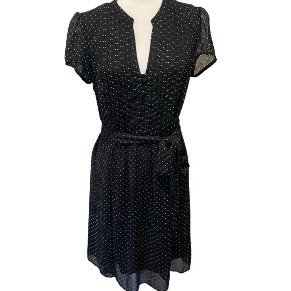 MSK Polka Dot Dress Short Sleeve Black White Pintucks Belted Lined Sz 14 Flirty - Picture 1 of 12